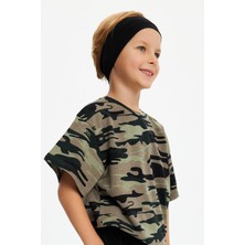 Babygiz Siyah-Kamuflaj Erkek Çocuk Pamuklu Penye Oversize Kamuflaj T-Shirt Bandana İkili Takım
