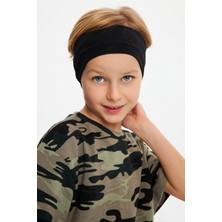 Babygiz Siyah-Kamuflaj Erkek Çocuk Pamuklu Penye Oversize Kamuflaj T-Shirt Bandana İkili Takım