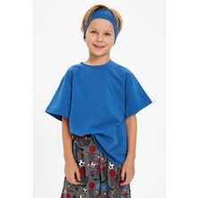 Babygiz Mavi-Mavi Erkek Çocuk Pamuklu Penye Oversize Mavi T-Shirt Mavi Bandana İkili Takım Trend Seri 1