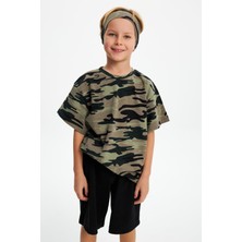 Babygiz Kamuflaj-Kamuflaj Erkek Çocuk Pamuklu Penye Oversize Kamuflaj T-Shirt Bandana İkili Takım