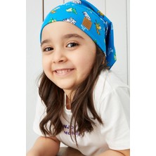 Babygiz Kız Çocuk Mavi Desenli İp 4 Mevsim Şapka Bere Buff Yumuşak Penye