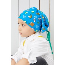 Babygiz Erkek Çocuk Mavi Desenli İp 4 Mevsim Şapka Bere Buff Yumuşak Penye
