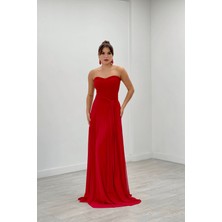 Giyimmasalı Tül Kumaş Straplez Şal Detaylı Elbise - Kırmızı