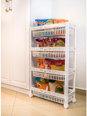 GuvenliPazar 4 Katlı Plastik Çok Amaçlı Mutfak Banyo Düzenleme Dar Raf Sepet Organizer Beyaz Desenli