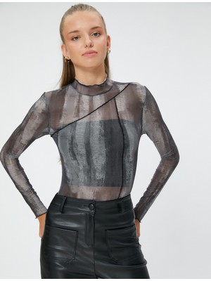 Koton Uzun Kollu Tişört Batik Transparan Görünümlü Dikiş Detaylı