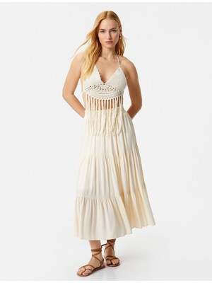 Koton Midi Viskon Etek Beli Lastikli Volanlı Rahat Kesim