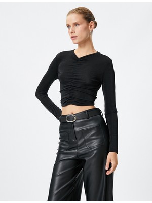 Koton Uzun Kollu Tişört Crop Önden Büzgülü