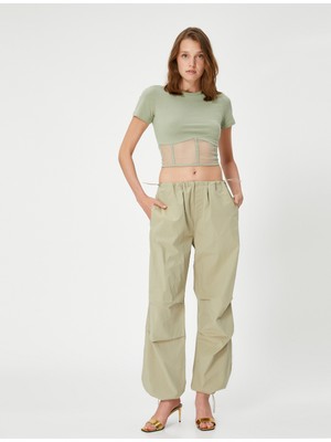 Koton Crop Tişört Korse ve Tül Detaylı