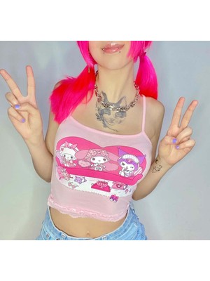 Köstebek Anime Sanrio Kuromi And My Melody - Sitcom Y2K Askılı Crop