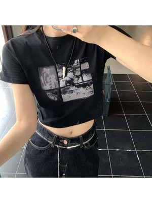 Köstebek Harajuku Fashion Horror Collage Siyah Yarım T-Shirt