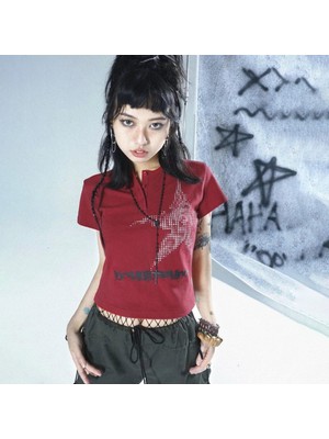 Köstebek Red Harajuku Star Punch Kırmızı Y2K Kısa Kollu Crop