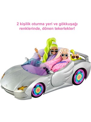 Barbie Extra Araba, ışıltılı gümüş rengi iki kişilik araba, yavru köpek ve evcil hayvan havuzu, 1 üst giyim ve 2 çift ayakkabı, 3 yaş ve üzeri HDJ47