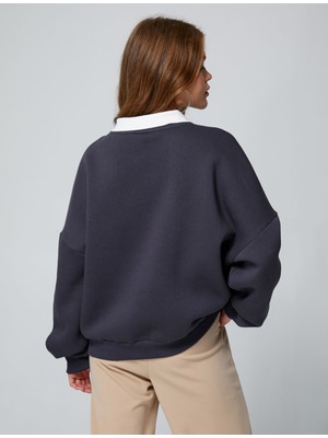 Koton Kolej Sweatshirt Polo Yaka Baskılı Uzun Kollu Rahat Kesim
