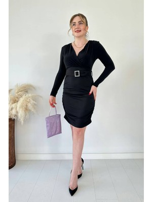 Mazi Butik Kemerli Jarse Elbise Siyah