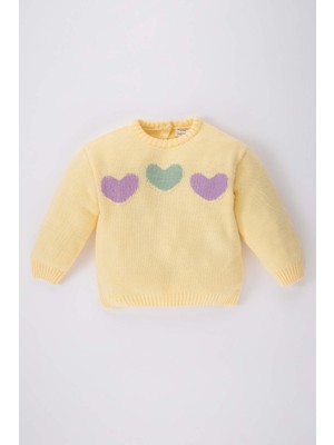 DeFacto Kız Bebek Kazak Bisiklet Yaka Kalp Desenli Günlük Kullanım İçin 12-18 Ay Sarı