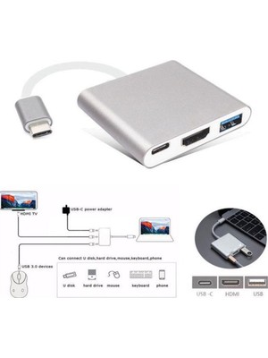 Blue Wings Type-C To HDMI USB 3.0 Çevirici 3'in 1 Dönüştürücü Adaptör Multifunction - Gümüş