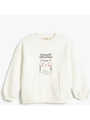 Koton Sweatshirt Şardonlu Kedi Baskılı Yuvarlak Yaka Kanguru Cepli Pamuklu