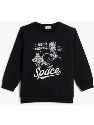 Koton Sweatshirt Şardonlu Bisiklet Yaka Uzay Temalı Baskılı Pamuklu