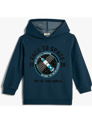 Koton Kapşonlu Sweatshirt Şardonlu Uzay Temalı Baskılı Pamuklu