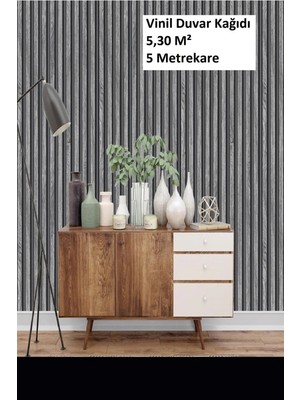 BienHome 2062 Lambiri Panel Ahşap Duvar Çıtası Desenli Gri Vinil Duvar Kağıdı 5,30 M²