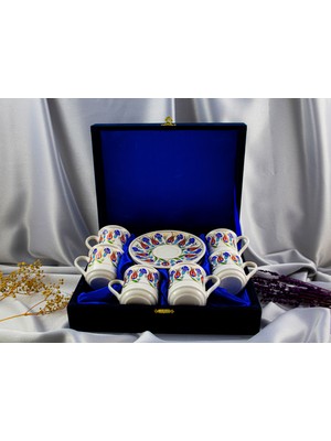 Kütahya Serigrafi Porselen 6'lı Altın Yaldızlı Fincan Takımı Kadife Kutulu