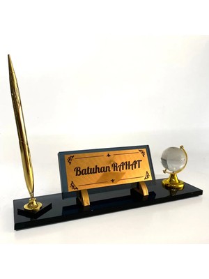 Suba Kristal Masa Üstü Cam Isimlik Kalem ve Dünya Aksesuarlı Füme Hediye Seti C3