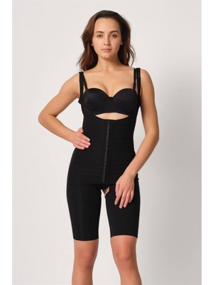 Emay Siyah Göğsü Açık Agraf Yelek Karyokalı Paçalı Boy Lazer Korse