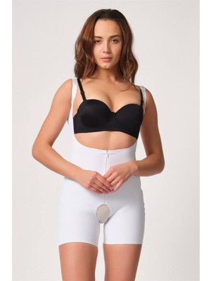 Emay Beyaz Göğsü Açık Fermuarlı Tül Popo Paçalı Boy Lazer Korse