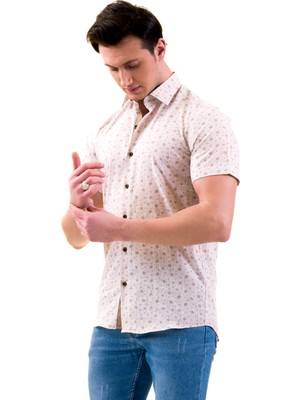 Exve Exclusive Bej Üzeri Çiçek Baskılı Battal Slim Fit Kısa Kollu Gömlek