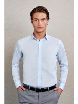 Saykı A. Mavi Ç. Comfort Fit Çizgili %100 Pamuk Slim Yaka Uzun Kollu Gömlek
