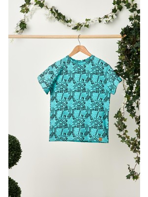 Babygiz Turkuaz Erkek Çocuk Kısa Kollu Desenli Bisiklet Yaka Terletmez, Yumuşak Rahat %100 Pamuklu Penye T-Shirt