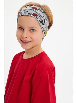 Babygiz Gri Desenli-Kırmızı Erkek Çocuk Pamuklu Penye Oversize Kırmızı T-Shirt Gri Bandana 2'li Takım