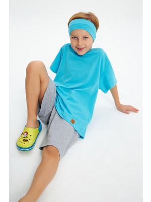 Babygiz Aqua-Aqua Erkek Çocuk Pamuklu Penye Oversize Aqua T-Shirt Bandana İkili Takım