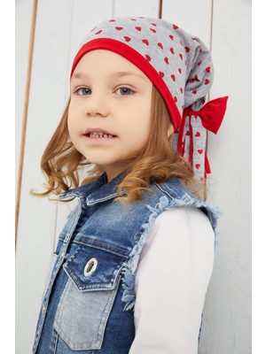Babygiz Kız Çocuk Gri Kalp Desenli Şapka Bere Yumuşak Çift Katlı Pamuklu Penye
