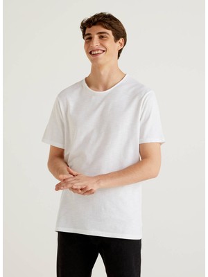 Benetton Bisiklet Yaka Beyaz Erkek T-Shirt 123P3JE1J19A5