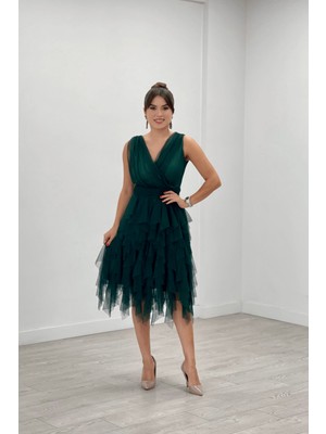 Giyimmasalı Tül Kumaş Kat Kat Abiye Elbise - Zümrüt Yeşil