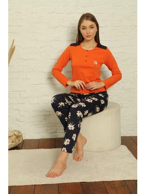 Bies Kadın Çiçek Yuvarlak Yaka 3 Düğme Uzun Kol Pamuk Pijama Takımı