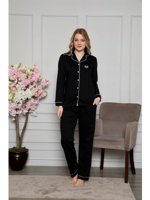 Alimer Kadın Kırmızı Beyaz Biyeli Gömlek Yaka Önden Düğmeli Cepli Uzun Kol Mevsimlik Pamuk Pijama Takım