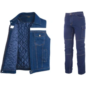 Kot İş Takımı Likralı Kot Pantolon ve Reflektörlü Kapitoneli İş Yeleği Kışlık Myform Marka 9129-2150