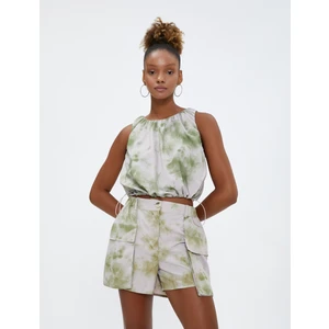 Paraşüt Crop Bluz Kolsuz Batik Desenli Yuvarlak Yaka