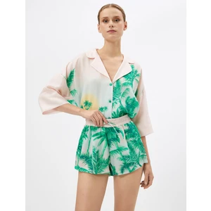 Pijama Altı Şort Tropikal Desenli Beli Bağcıklı Liyosel