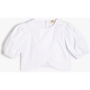 Crop Bluz Asimetrik Kesim Arkası Düğmeli Kısa Balon Kollu Pamuklu