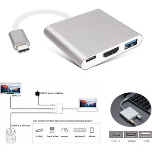 Blue Wings Type-C To HDMI USB 3.0 Çevirici 3'in 1 Dönüştürücü Adaptör Multifunction - Gümüş