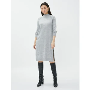 Midi Triko Elbise Dik Yaka Uzun Kollu