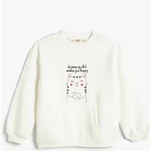 Sweatshirt Şardonlu Kedi Baskılı Yuvarlak Yaka Kanguru Cepli Pamuklu