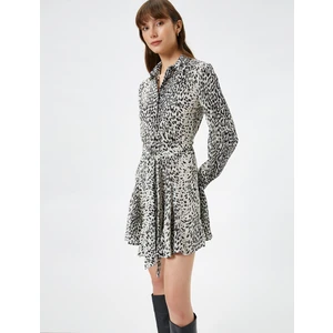 Gömlek Elbise Mini Zebra Desenli Kuşaklı Kloş