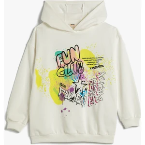 Oversize Kapşonlu Sweatshirt Baskılı Uzun Kollu Şardonlu Pamuklu