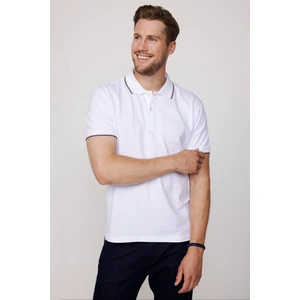 Erkek Polo Yaka Slim Fit Yaka ve Kol Şeritli Pike Beyaz Tişört