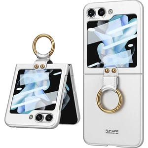 Case 4U Samsung Galaxy Z Flip 5 Uyumlu Kılıf 180 Derece Yüzüklü Kıpta Kapak Gümüş