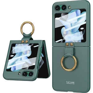 Case 4U Samsung Galaxy Z Flip 5 Uyumlu Kılıf 180 Derece Yüzüklü Kıpta Kapak Koyu Yeşil